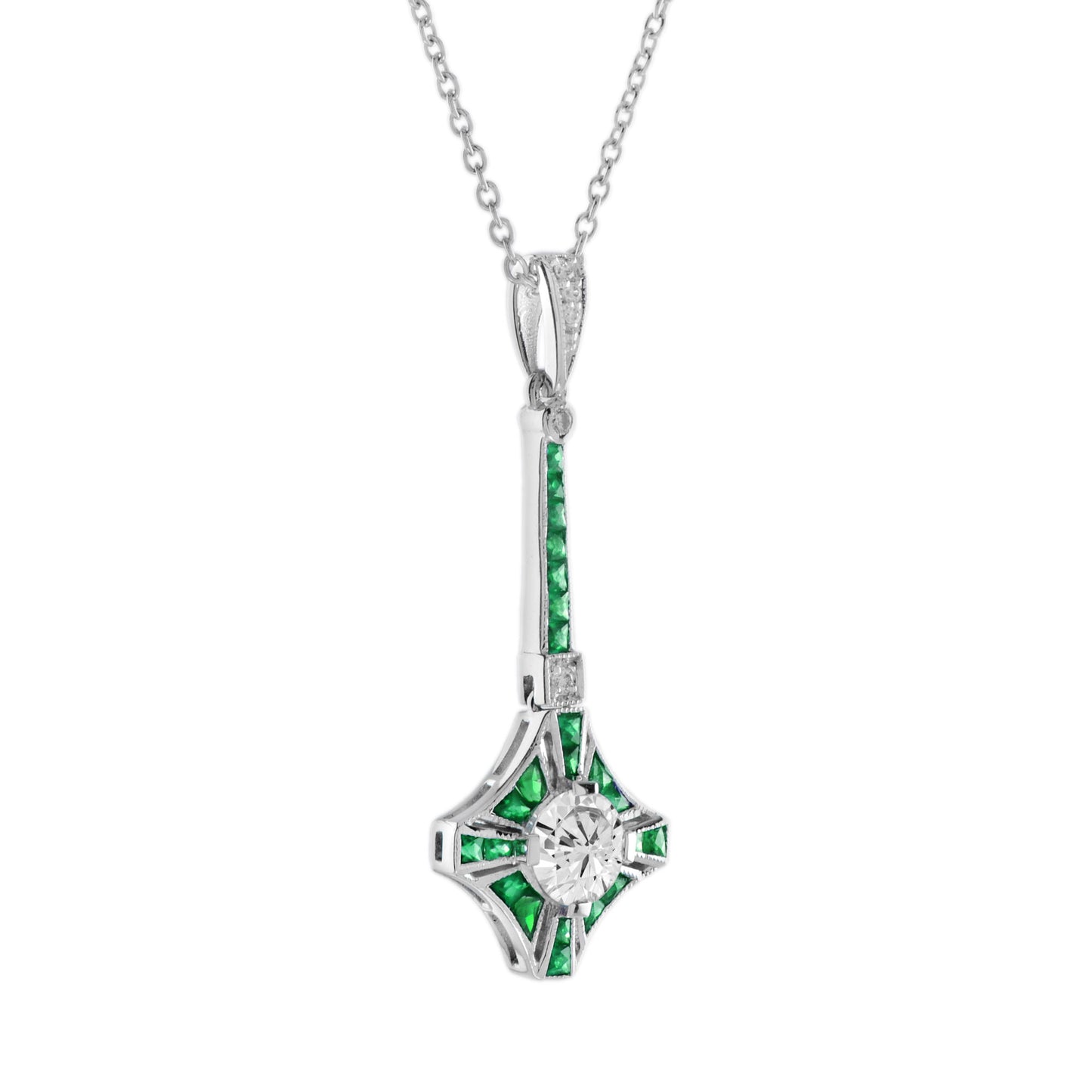 round diamond & green emerald art deco style 14k white gold pendant necklace
