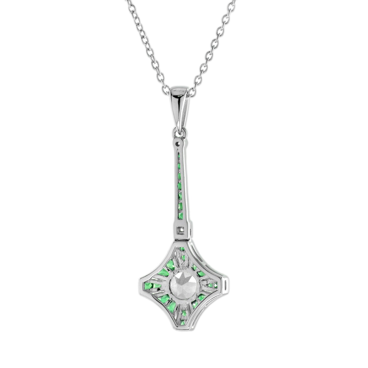 round diamond & green emerald art deco style 14k white gold pendant necklace
