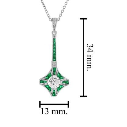 Round Diamond & Green Emerald Art Deco Style 14K White Gold Pendant Necklace
