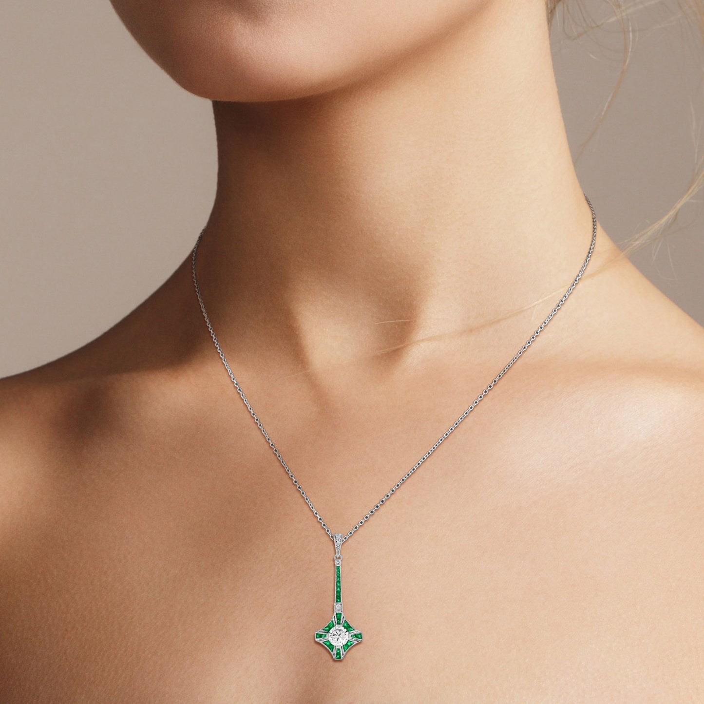 round diamond & green emerald art deco style 14k white gold pendant necklace