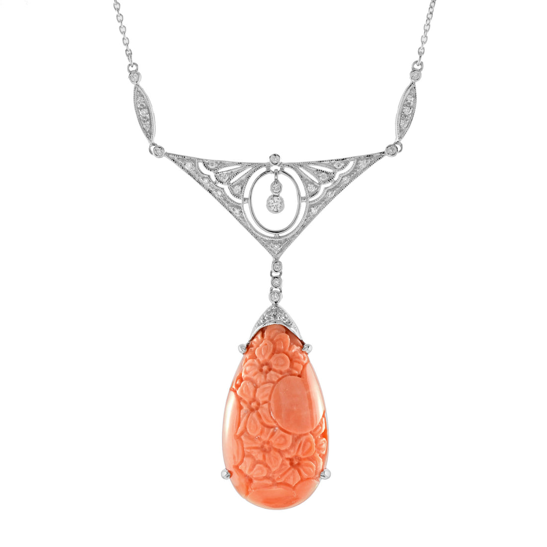 Carved Orange Coral & Diamond Antique Style 14K White Gold Pendant Necklace