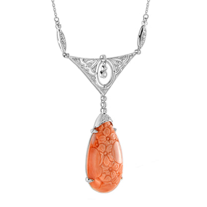 Carved Orange Coral &amp; Diamond Antique Style 14K White Gold Pendant Necklace