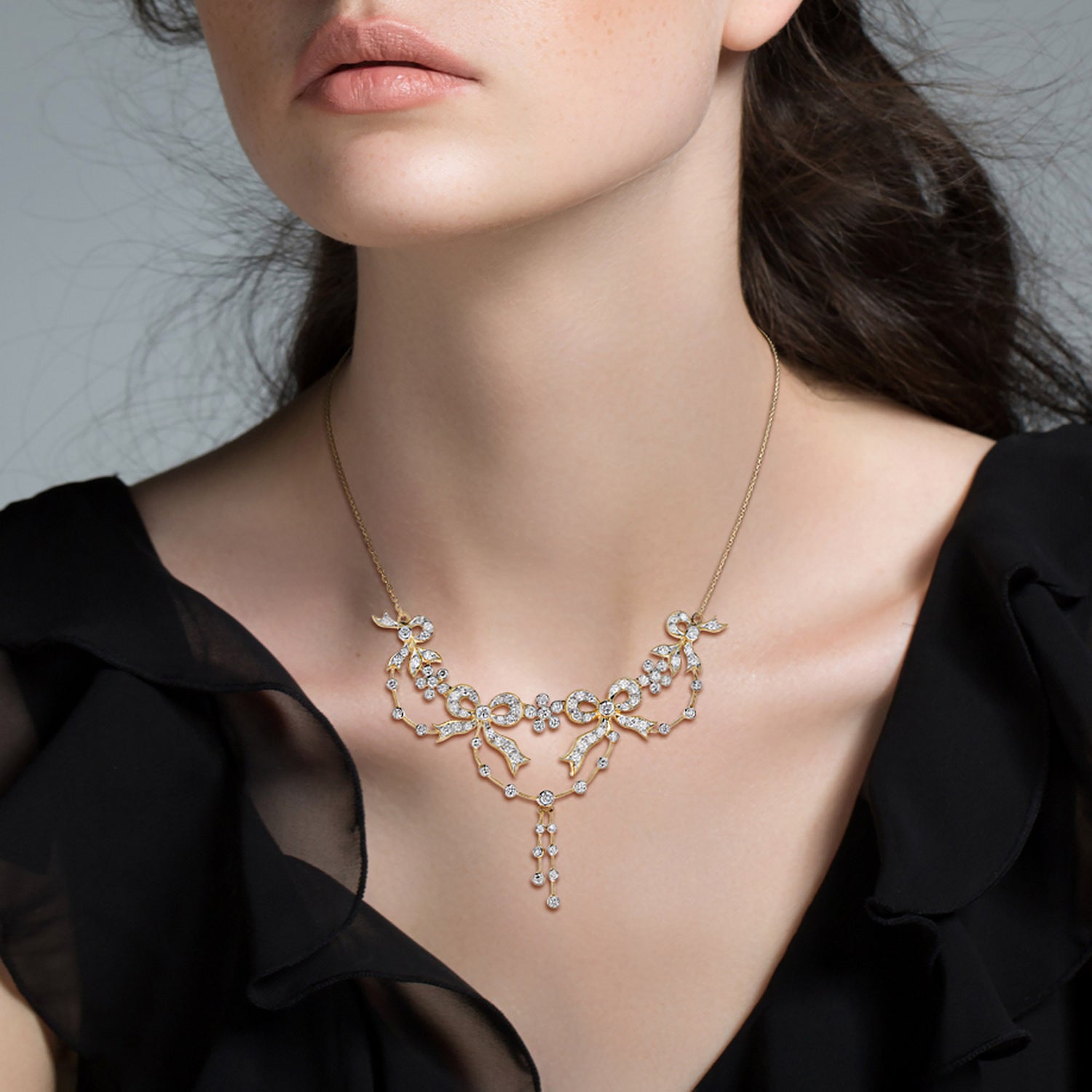 Diamond Vintage Style Ribbon Floral Necklace