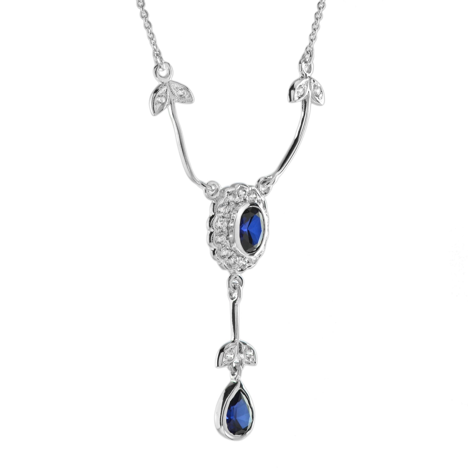 Blue Sapphire &amp; Diamond Art Deco Style 14K White Gold Drop Pendant Necklace