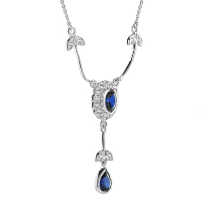 Blue Sapphire &amp; Diamond Art Deco Style 14K White Gold Drop Pendant Necklace