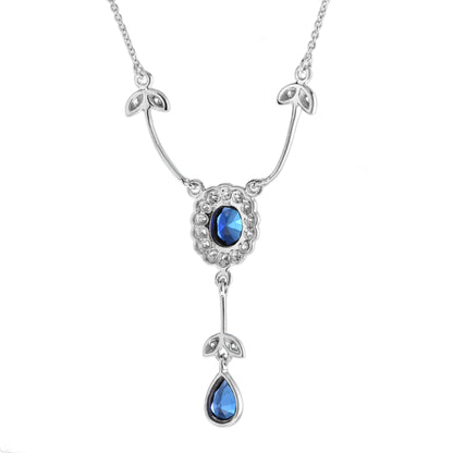 Blue Sapphire &amp; Diamond Art Deco Style 14K White Gold Drop Pendant Necklace