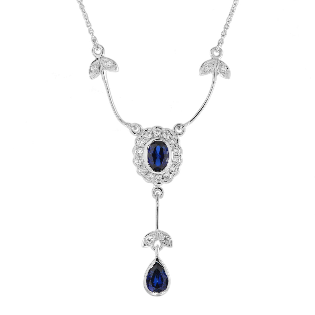 Blue Sapphire & Diamond Art Deco Style 14K White Gold Drop Pendant Necklace