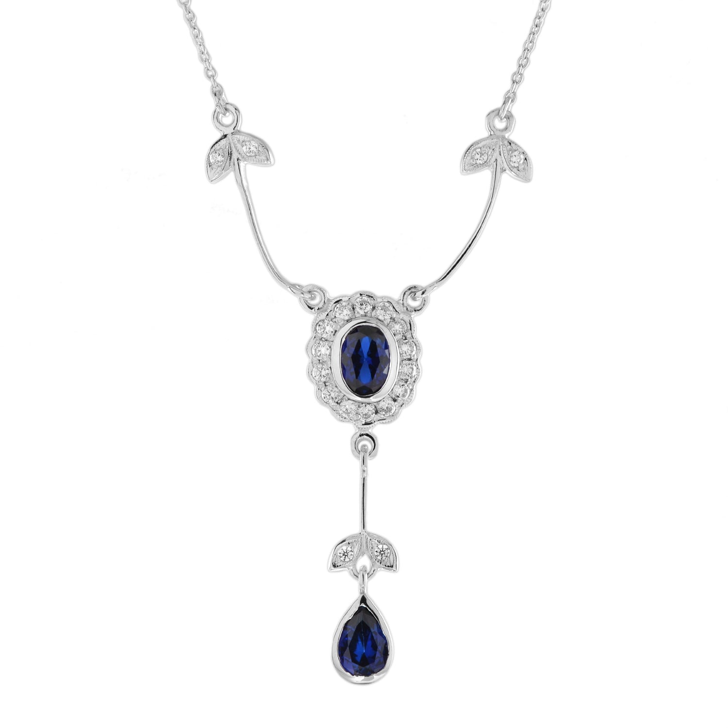 Blue Sapphire &amp; Diamond Art Deco Style 14K White Gold Drop Pendant Necklace