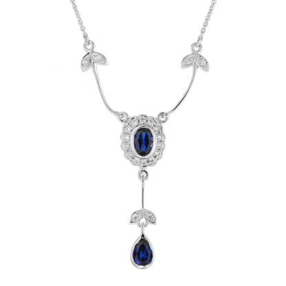 Blue Sapphire &amp; Diamond Art Deco Style 14K White Gold Drop Pendant Necklace