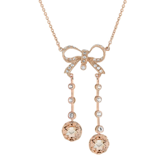 Edwardian Style Peach Orange Morganite Diamond Bow Drop Rose Gold Necklace