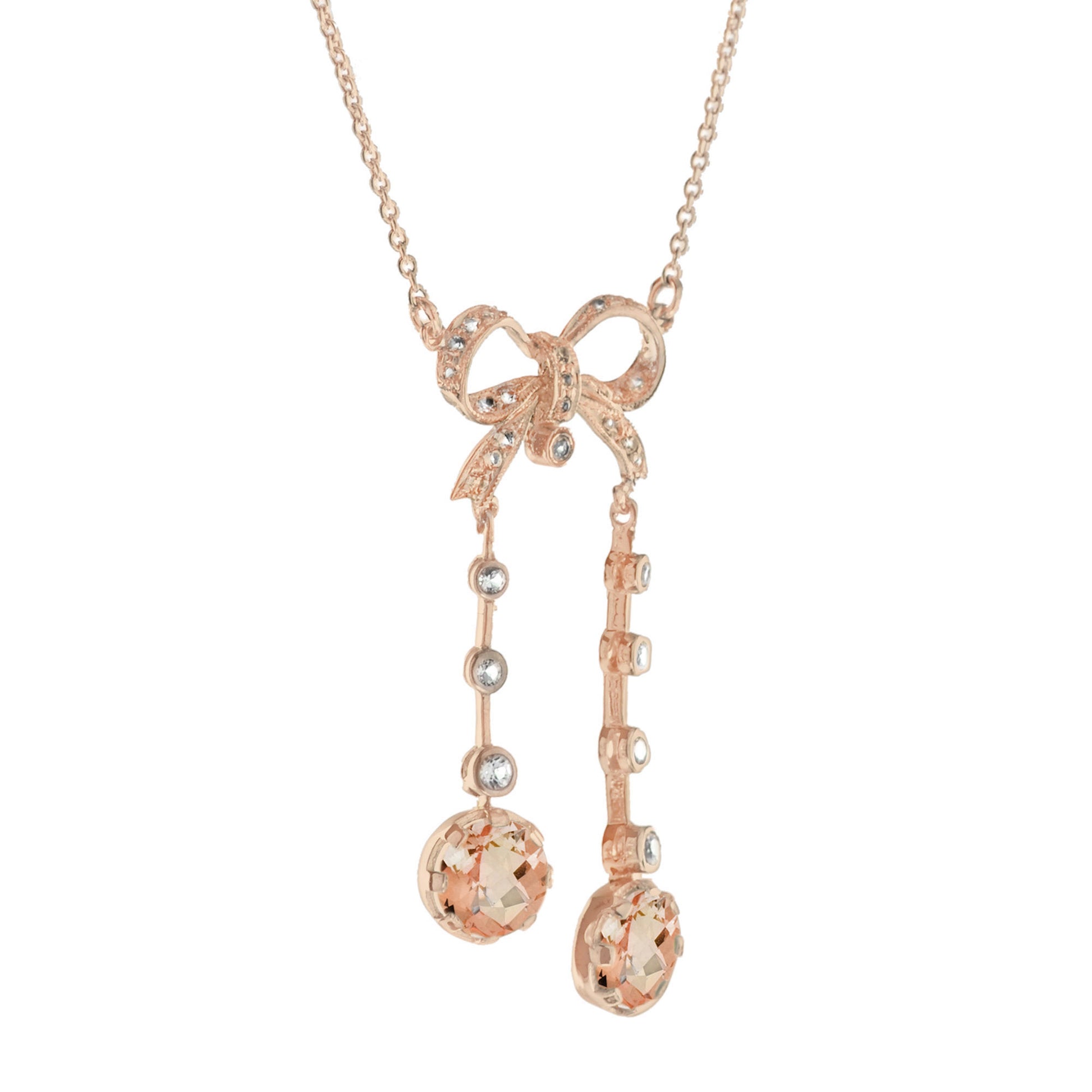 Edwardian Style Peach Orange Morganite Diamond Bow Drop Rose Gold Necklace