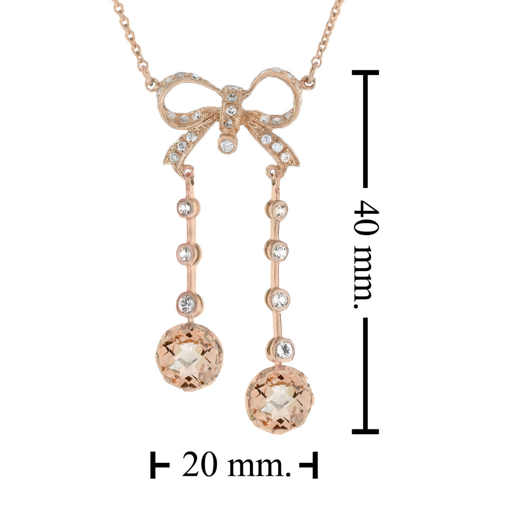 Edwardian Style Peach Orange Morganite Diamond Bow Drop Rose Gold Necklace