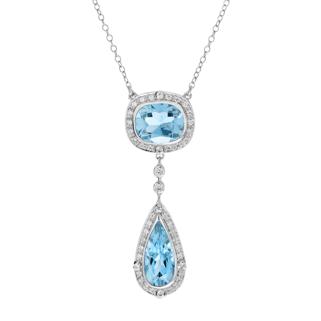 Double Drop Blue Topaz with Diamond Halo Accent Pendant 14K White Gold Necklace