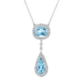 Double Drop Blue Topaz with Diamond Halo Accent Pendant 14K White Gold Necklace