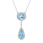 Double Drop Blue Topaz with Diamond Halo Accent Pendant 14K White Gold Necklace