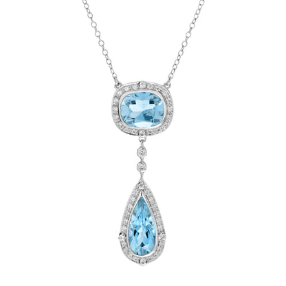 Double Drop Blue Topaz with Diamond Halo Accent Pendant 14K White Gold Necklace