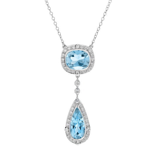 Double Drop Blue Topaz with Diamond Halo Accent Pendant 14K White Gold Necklace