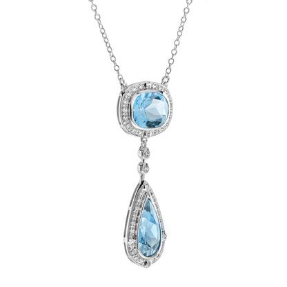 Double Drop Blue Topaz with Diamond Halo Accent Pendant 14K White Gold Necklace