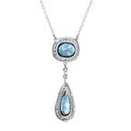 Double Drop Blue Topaz with Diamond Halo Accent Pendant 14K White Gold Necklace