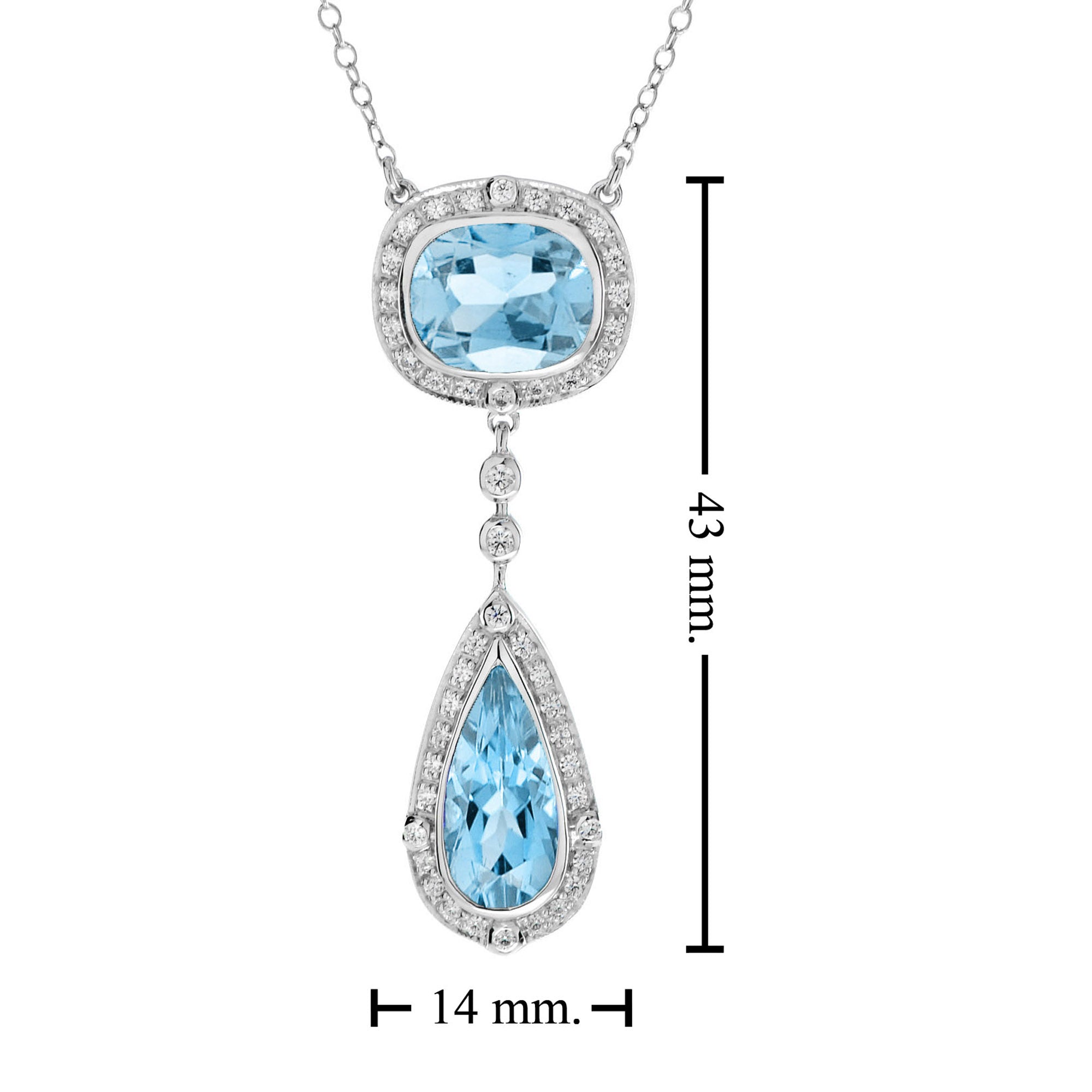 Double Drop Blue Topaz with Diamond Halo Accent Pendant 14K White Gold Necklace