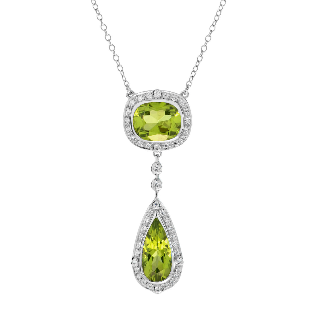 Double Drop Green Peridot with Diamond Halo Set 14K White Gold Pendant Necklace