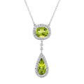 Double Drop Green Peridot with Diamond Halo Lavalier Pendant Necklace With 14K White Gold