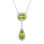 Double Drop Green Peridot with Diamond Halo Lavalier Pendant Necklace With 14K White Gold