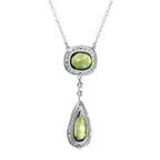 Double Drop Green Peridot with Diamond Halo Set 14K White Gold Pendant Necklace