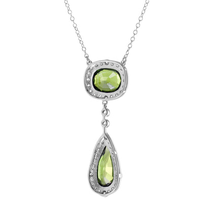 Double Drop Green Peridot with Diamond Halo Set 14K White Gold Pendant Necklace