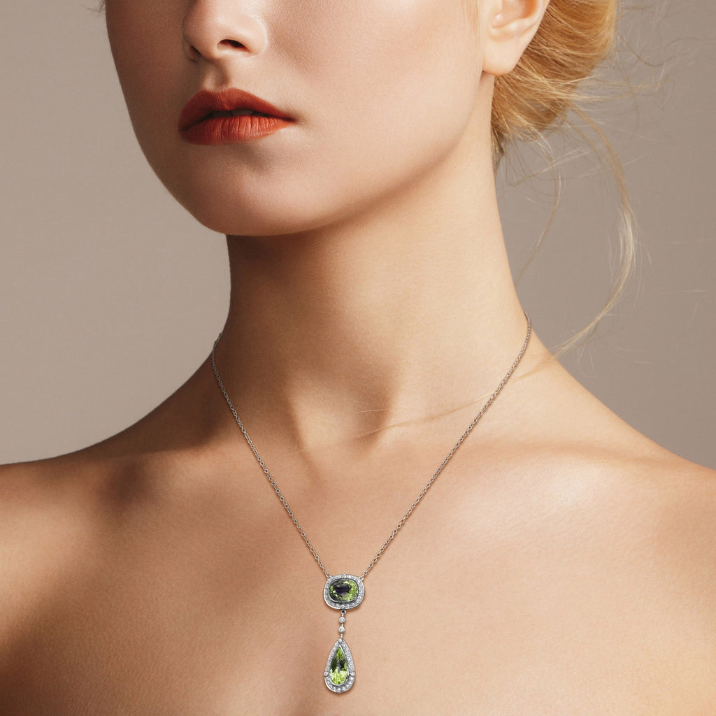 Double Drop Green Peridot with Diamond Halo Set 14K White Gold Pendant Necklace