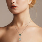Double Drop Green Peridot with Diamond Halo Set 14K White Gold Pendant Necklace