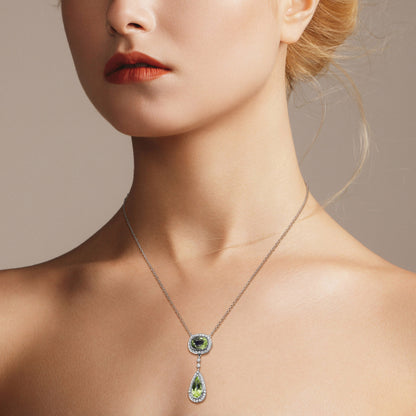 Double Drop Green Peridot with Diamond Halo Set 14K White Gold Pendant Necklace