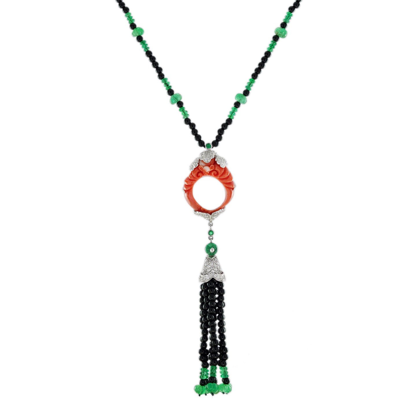 carved coral multi gemstone art deco style tassel white gold necklace