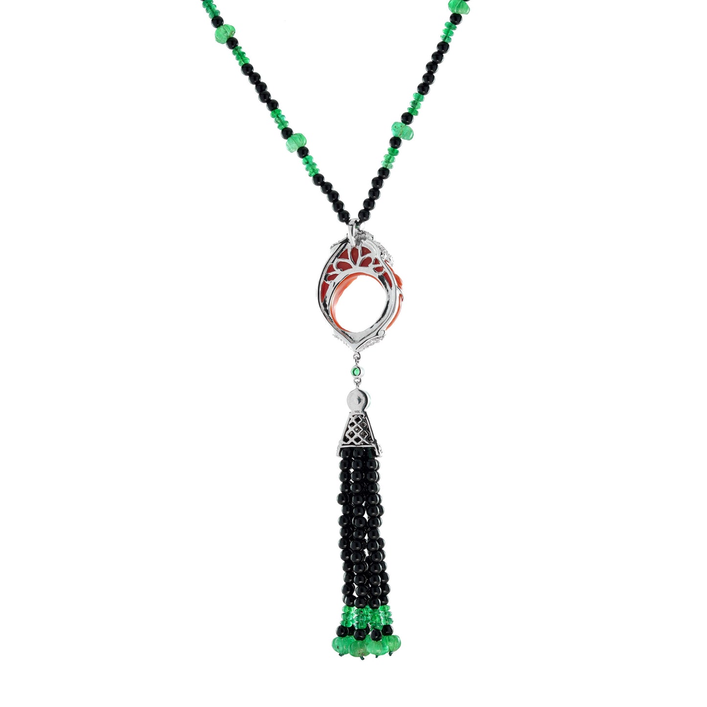 carved coral multi gemstone art deco style tassel white gold necklace