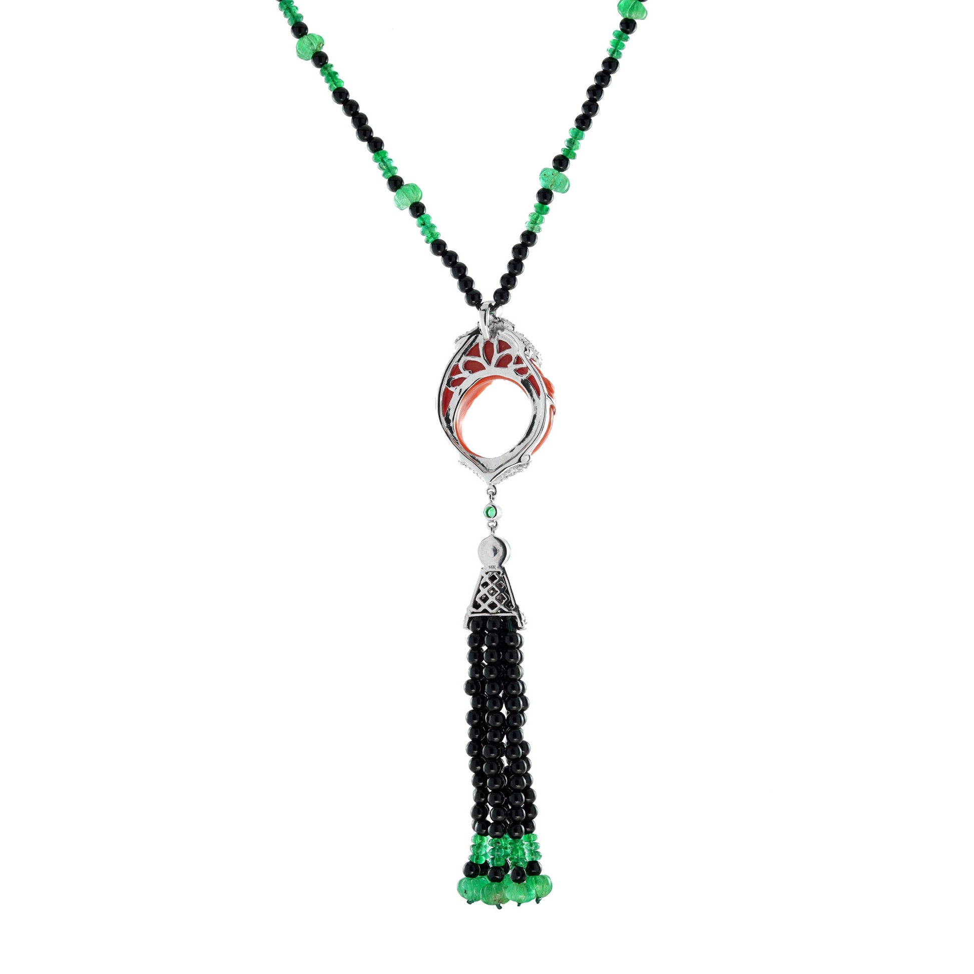 Carved Coral Multi Gemstone Art Deco Style Tassel White Gold Necklace