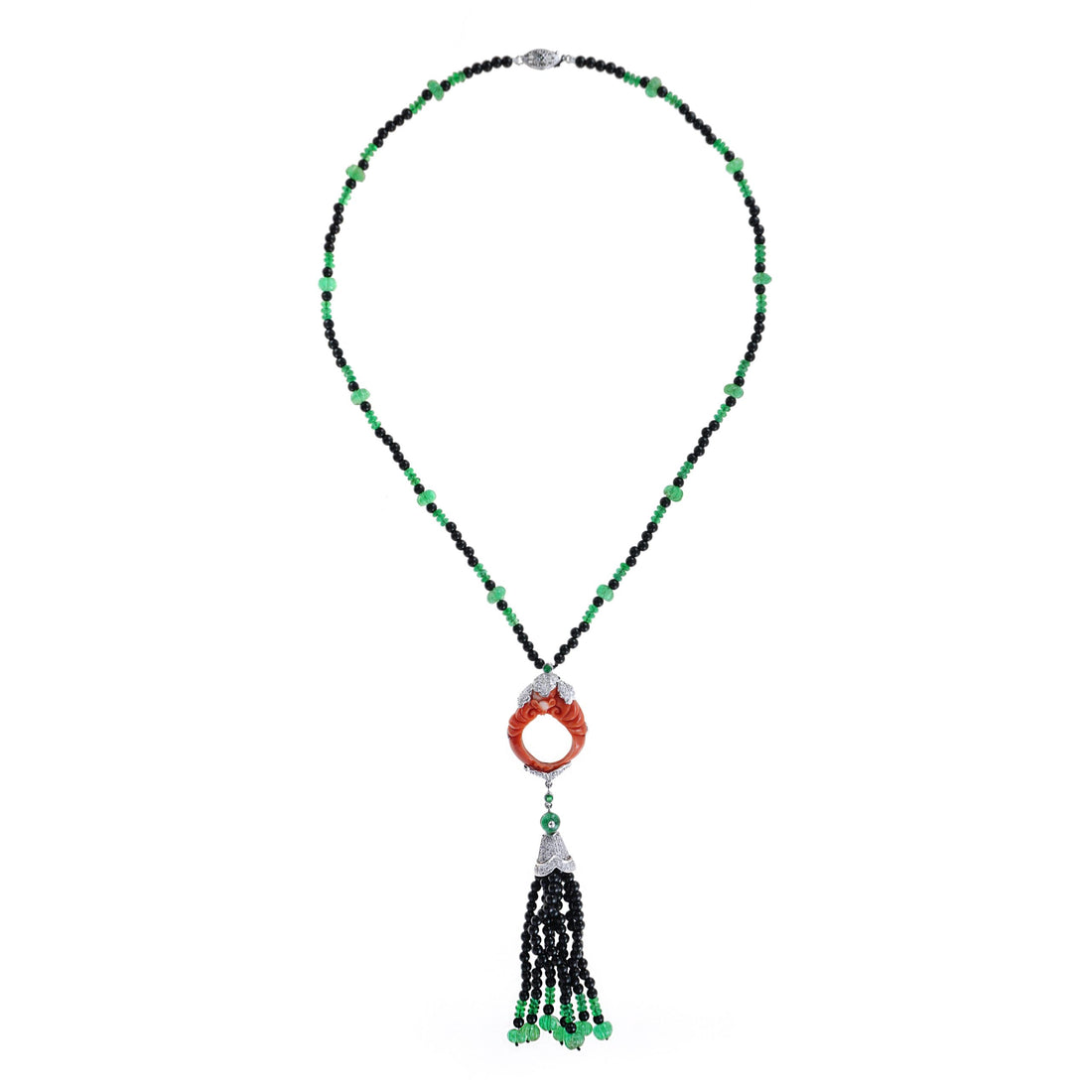 Carved Coral Multi Gemstone Art Deco Style Tassel White Gold Necklace