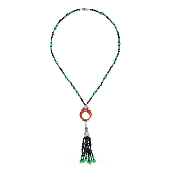 26.10 Ctw Art Deco Style Coral, Emerald & Diamond 14K White Gold Tassel Necklace