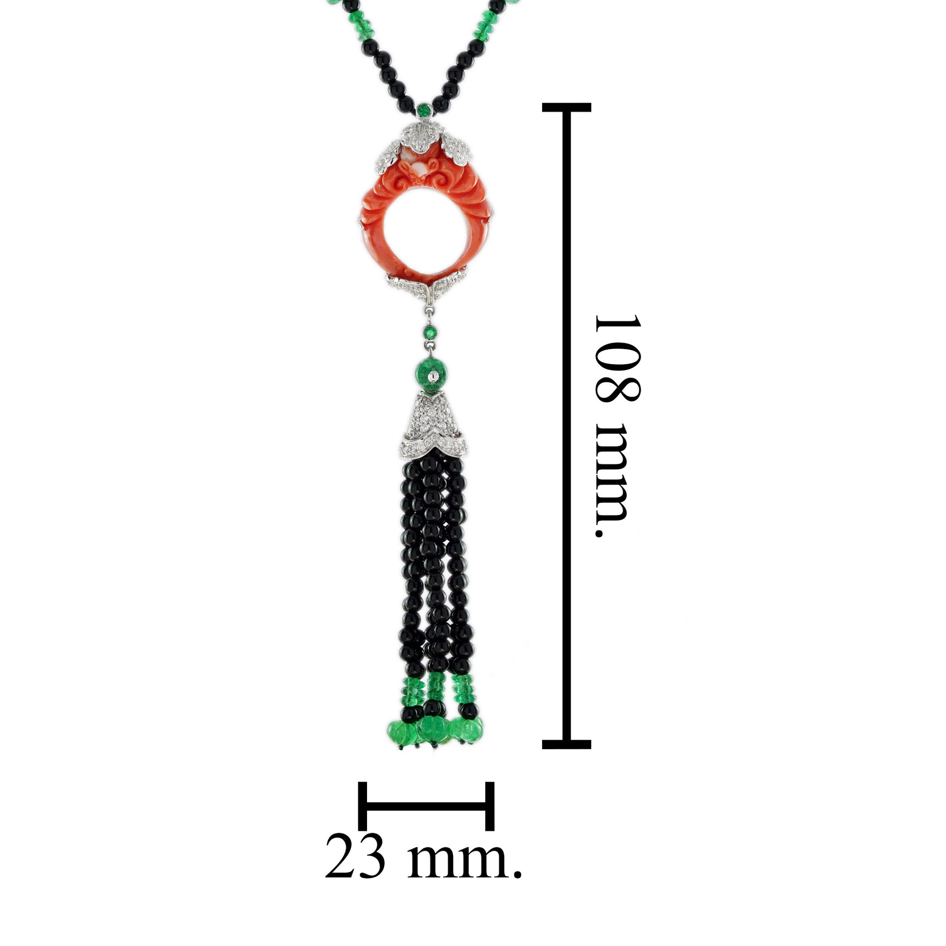 Carved Coral Multi Gemstone Art Deco Style Tassel White Gold Necklace