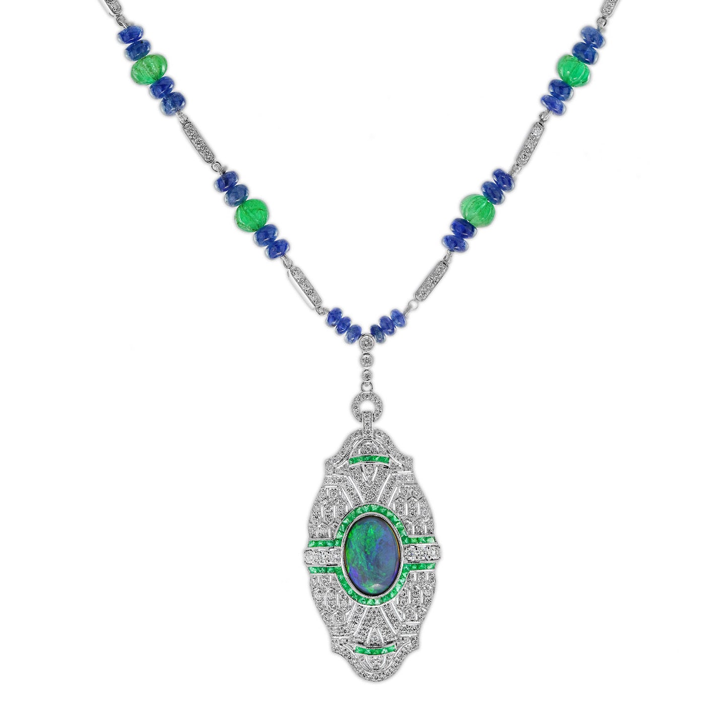 black opal & emerald sapphire and diamond art deco style white gold necklace