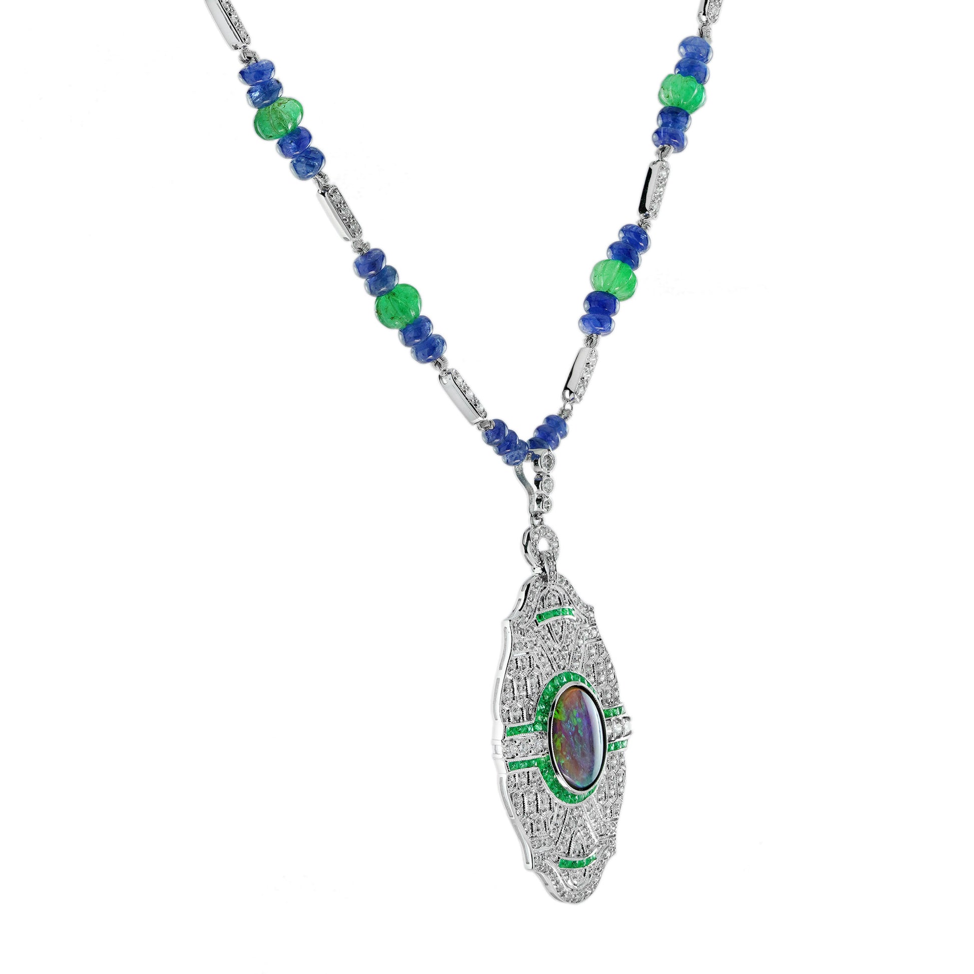 Black Opal & Emerald Sapphire and Diamond Art Deco Style White Gold Necklace