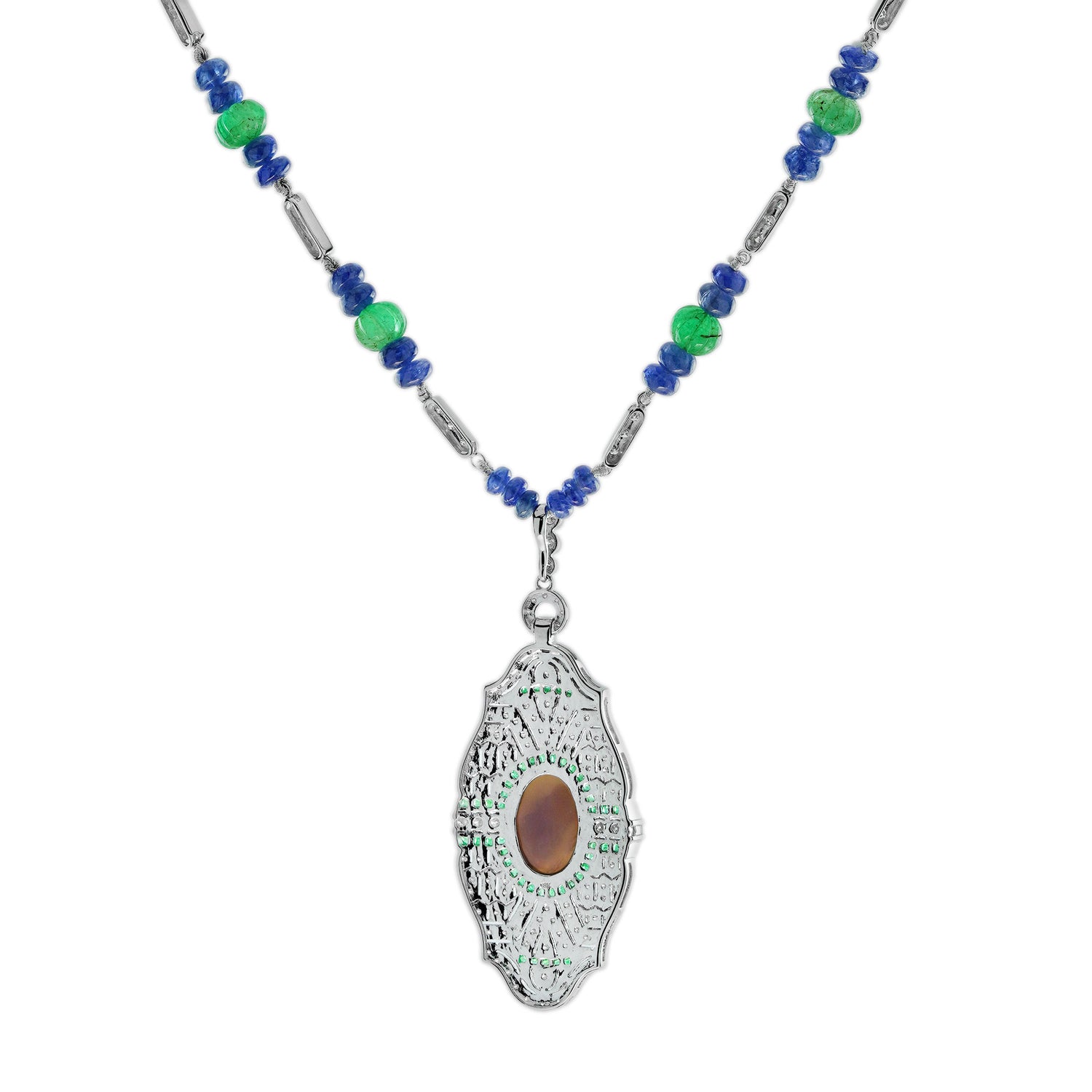 Black Opal &amp; Emerald Sapphire and Diamond Art Deco Style White Gold Necklace