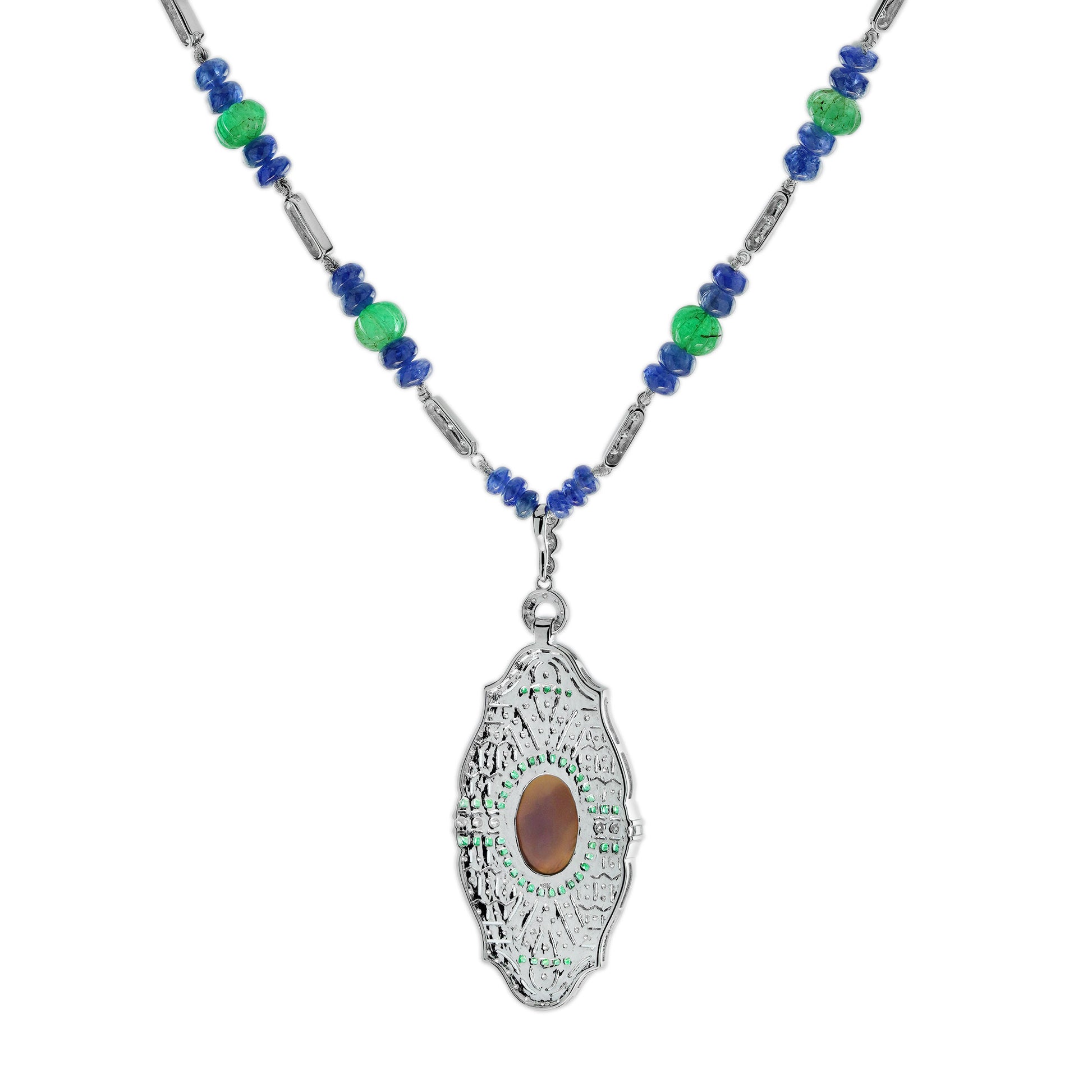 Black Opal & Emerald Sapphire and Diamond Art Deco Style White Gold Necklace