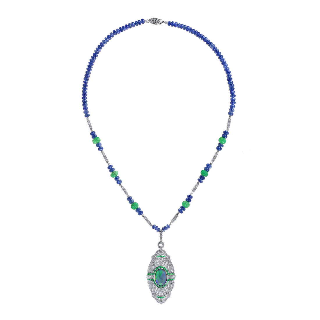 Black Opal & Emerald Sapphire and Diamond Art Deco Style White Gold Necklace