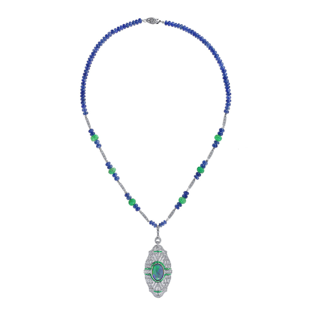 91.18 ctw Art Deco Style Blue Sapphire, Emerald, Black Opal & Diamond 18K White Gold Necklace