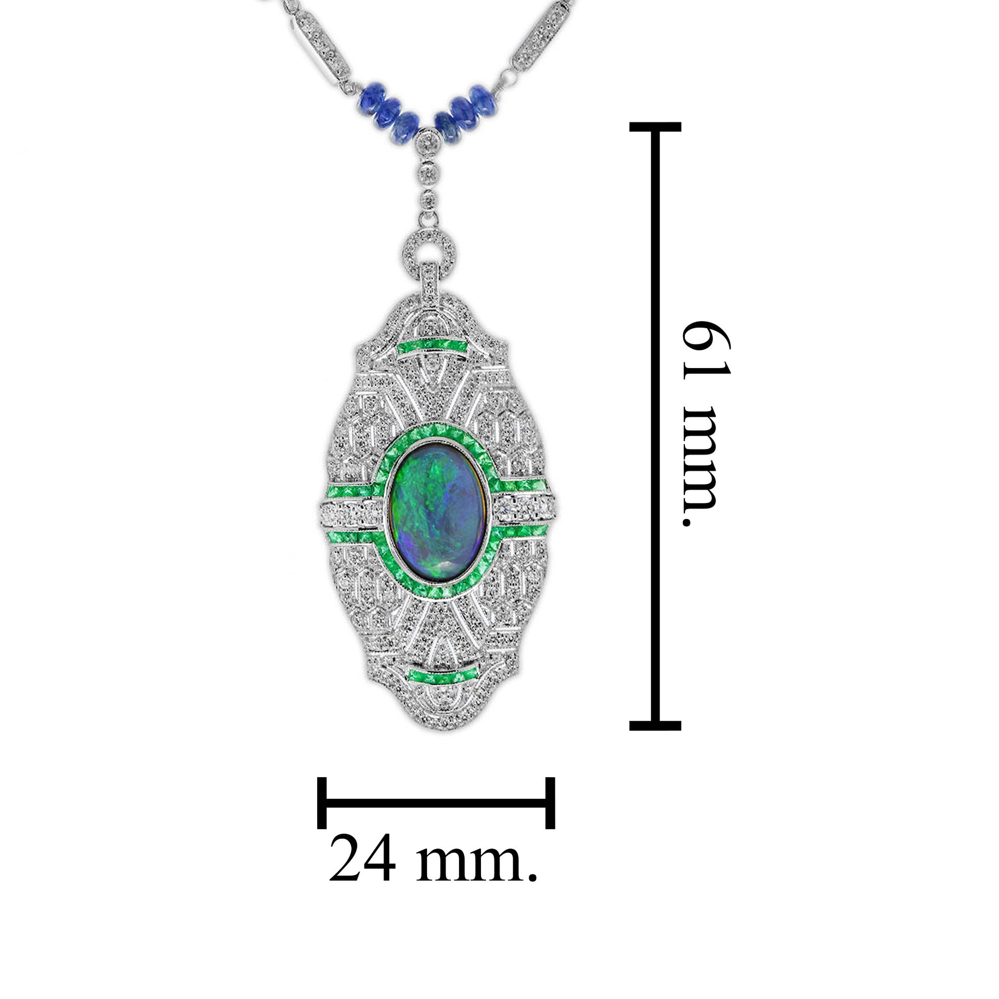 Black Opal & Emerald Sapphire and Diamond Art Deco Style White Gold Necklace