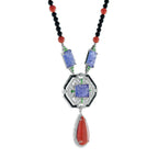 Carved Coral Tanzanite Art Deco Style White Gold Necklace