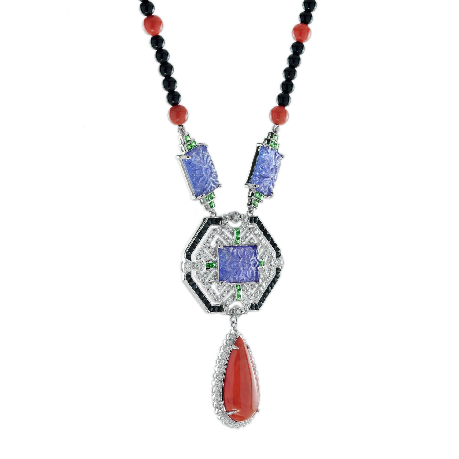 Carved Coral Tanzanite Art Deco Style White Gold Necklace