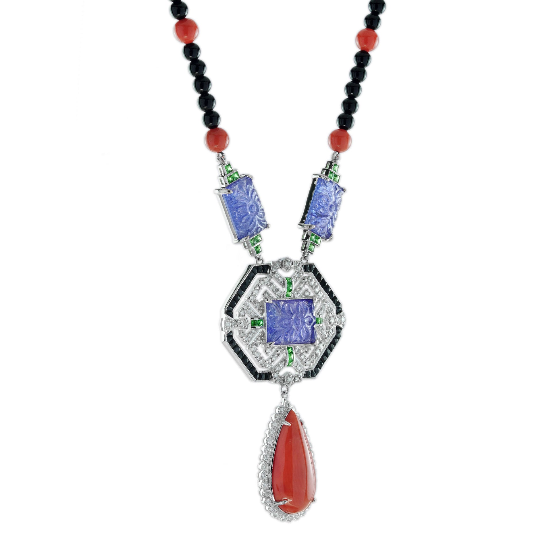 Carved Coral Tanzanite Art Deco Style White Gold Necklace