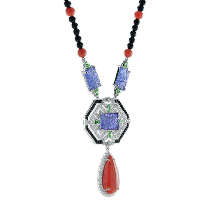 Carved Coral Tanzanite Art Deco Style White Gold Necklace