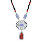 Carved Coral Tanzanite Art Deco Style White Gold Necklace